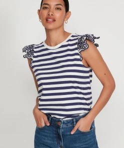 M&Co Blue Stripe Broderie Top
