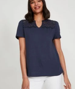M&Co Blue Pointelle Lace Jersey Top