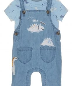 M&Co Blue Chambray Dino Dunagree Set