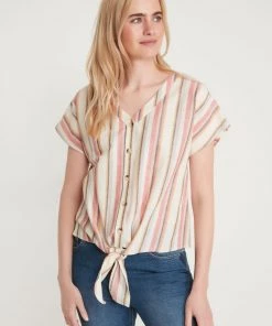 M&Co White Striped Linen Tie Front Top