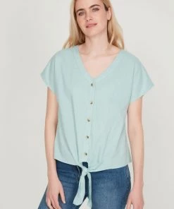 M&Co Green Linen Tie Front Top