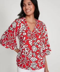 M&Co Red Floral Ruched Top