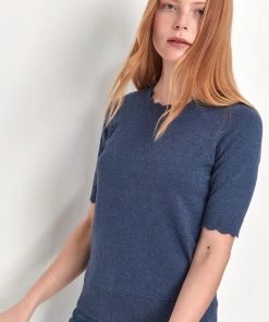 M&Co Blue Short Sleeve Scalloped Detail Top