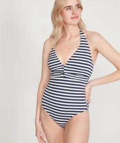M&Co Blue Stripe Halter-Neck Swimsuit