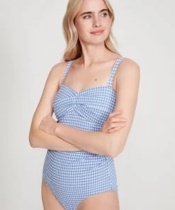 M&Co Blue Gingham Twist Front Swimsuit