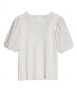 M&Co White Cutwork Yoke 3/4th Sleeves T-Shirt