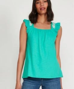M&Co Green Embroidery Frill Neck Cami Top
